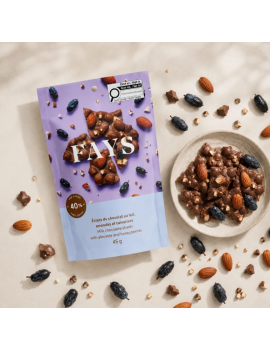 Éclats de chocolat au lait 40 %, amandes et camerises