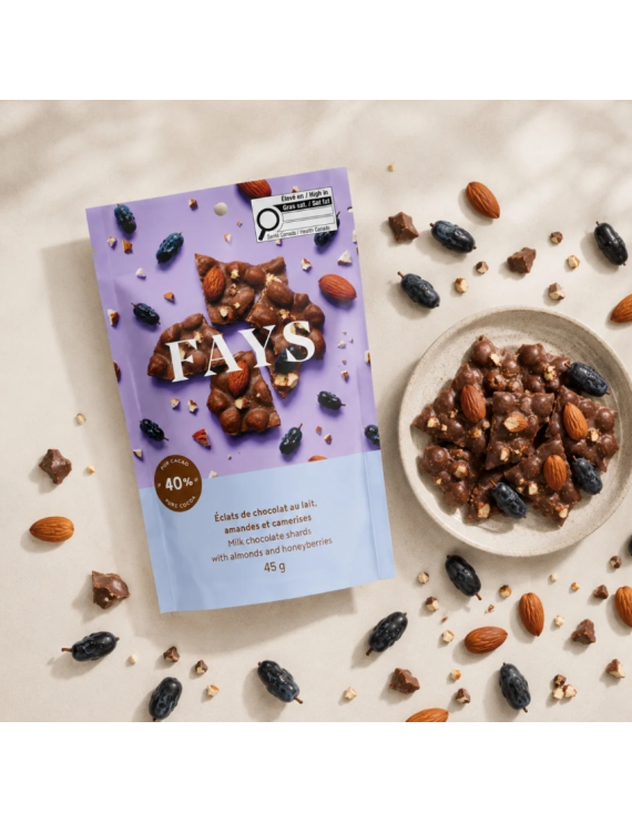 Éclats de chocolat au lait 40 %, amandes et camerises
