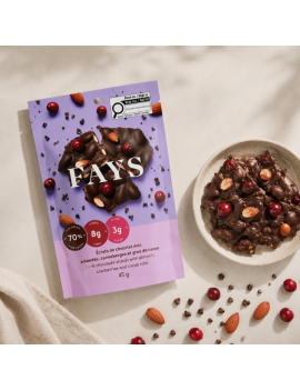 Éclats de chocolat noir 70 %, amandes, cannerberges et grué de cacao