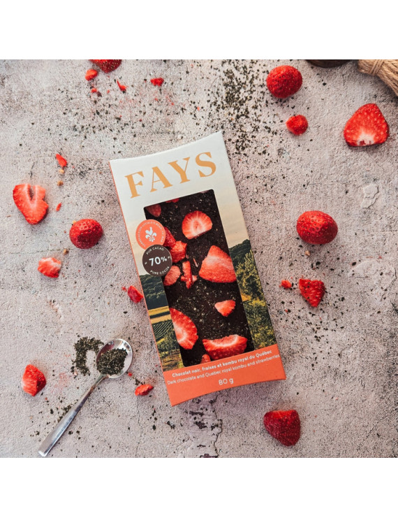 Tablette de chocolat noir, fraises et kombu royal du Québec