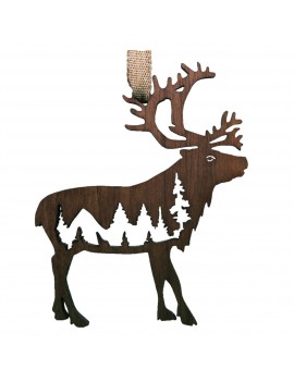 1-Pc Reindeer Landscape Style Ornament  - Black Walnut Wood - 96x115x6mm - Made in Quebec